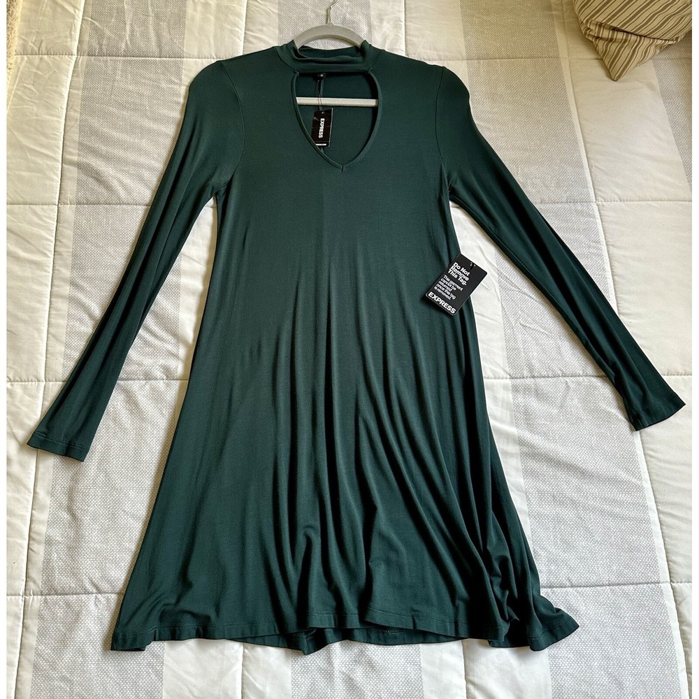 NWT Express Trapeze Hunter Green Mock Neck Cutout Choker Long‎ Sleeve Mini XS